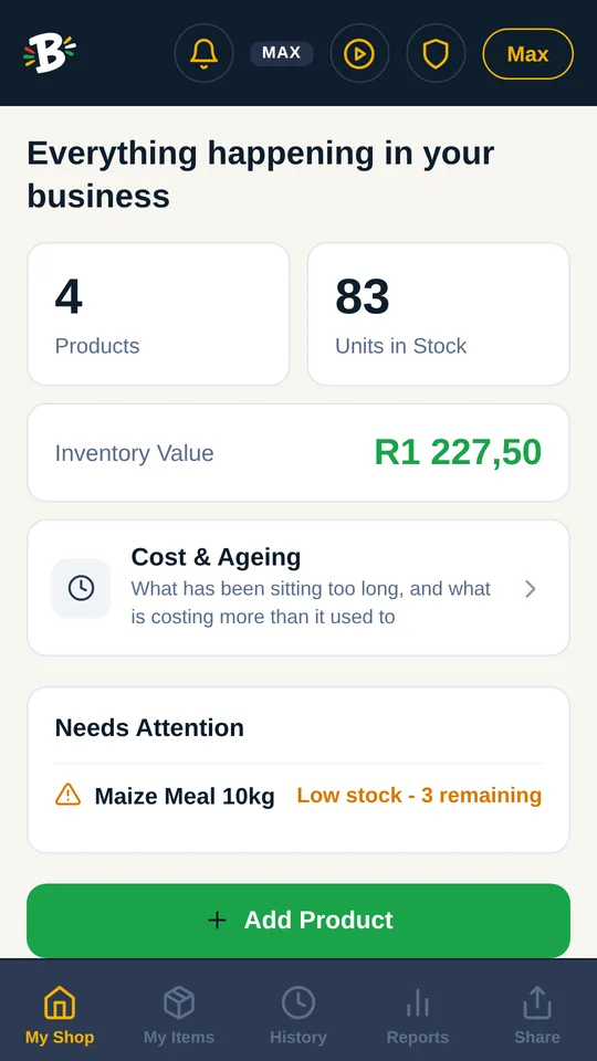 BalaShoppa dashboard showing products, units in stock, inventory value and a low-stock alert