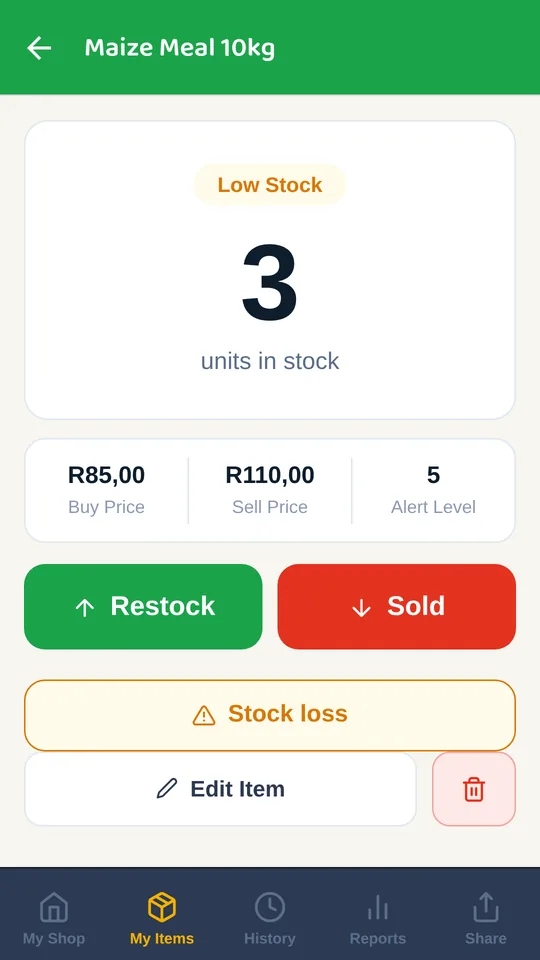 BalaShoppa item screen with large Restock and Sold buttons