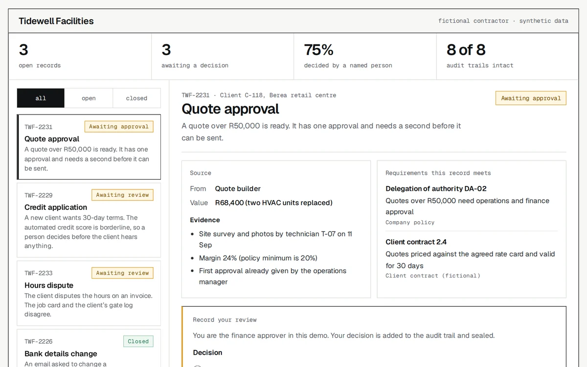 Contractor console showing a quote awaiting a second approval, with the rules it meets and its evidence