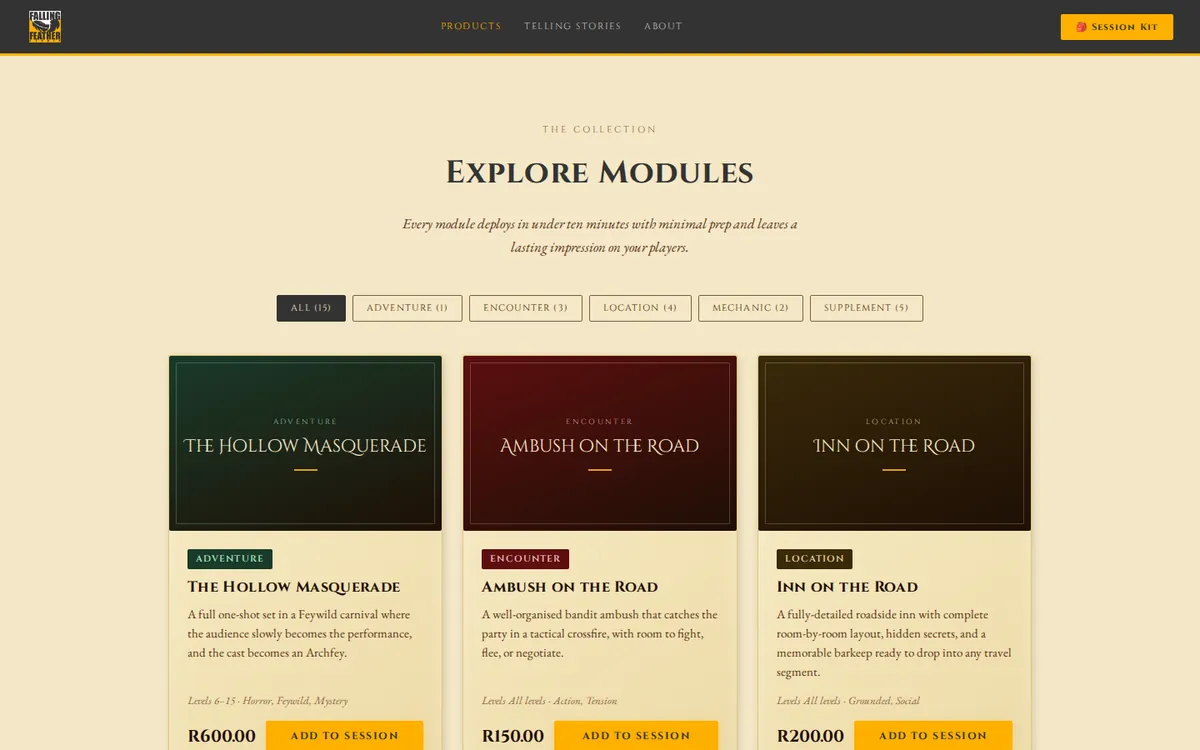 Falling Feather Studio storefront catalogue of tabletop game modules with prices in rand