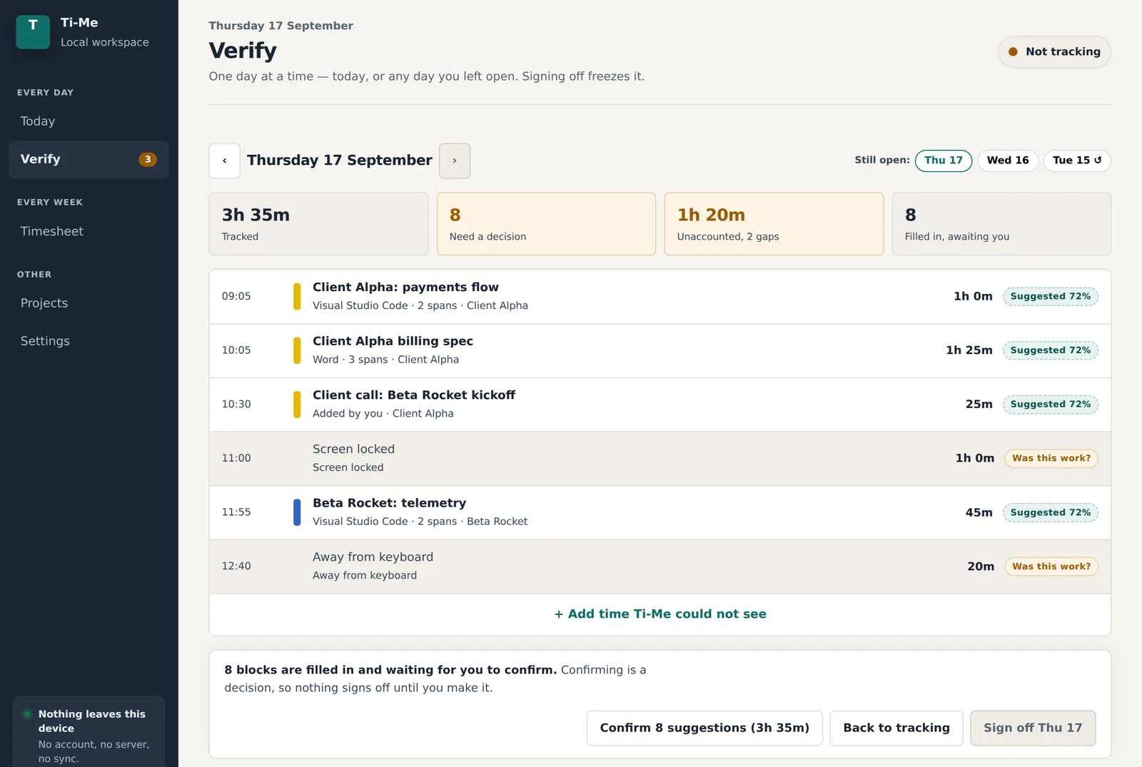 Ti-Me Verify screen with a day of activity blocks, each carrying a suggested project waiting to be confirmed